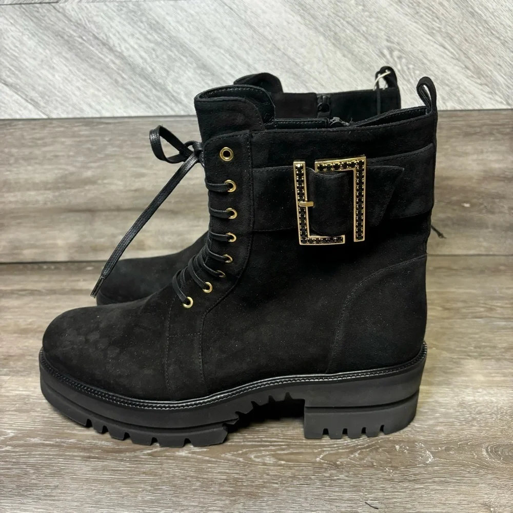 Loriblu | Black Ankle Combat Boots With Gold Buckle Detail Size 41 Made In Italy